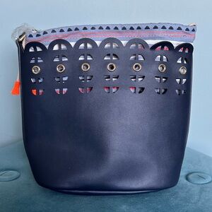 Stella & Dot Navy Laser-Cut Crossbody with Striped Pouch